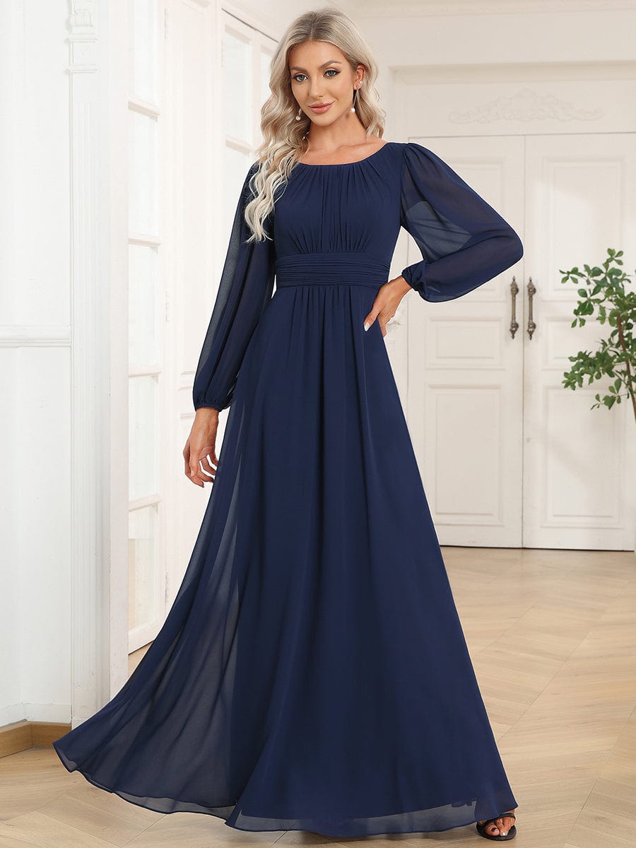 Chiffon High Empire Waist Puff Sleeve Bridesmaid Dress #color_Navy Blue