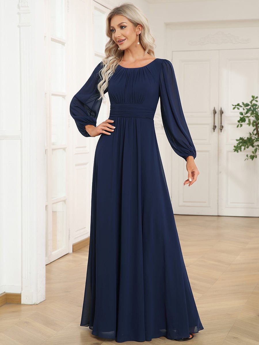 Chiffon High Empire Waist Puff Sleeve Bridesmaid Dress #color_Navy Blue