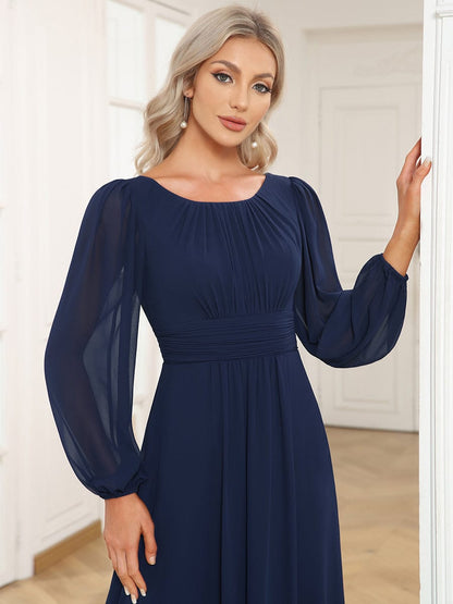 Chiffon High Empire Waist Puff Sleeve Bridesmaid Dress #color_Navy Blue