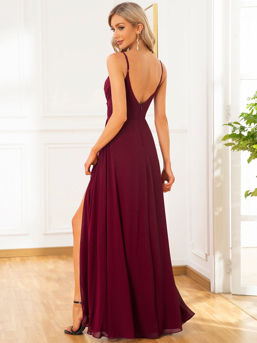 Custom Size Pleated V-Neck Spaghetti Strap High Slit Bridesmaid Dress #color_Burgundy