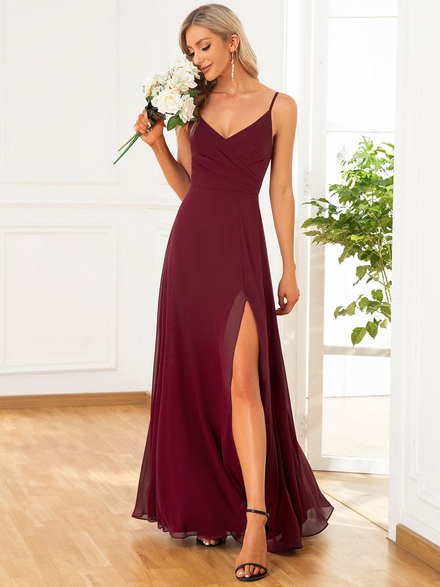 Pleated V-Neck Spaghetti Strap High Slit Bridesmaid Dress #color_Burgundy