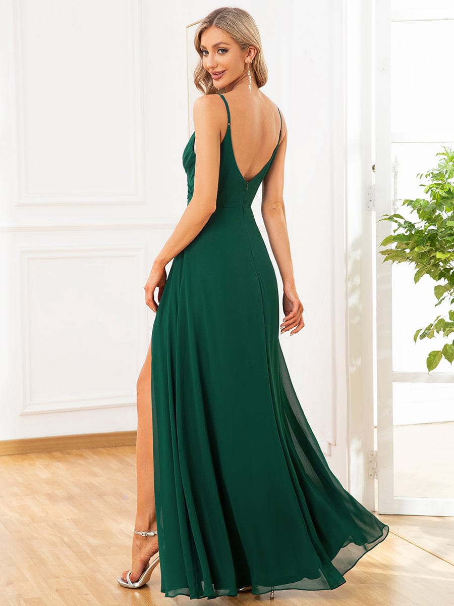 Pleated V-Neck Spaghetti Strap High Slit Bridesmaid Dress #color_Dark Green