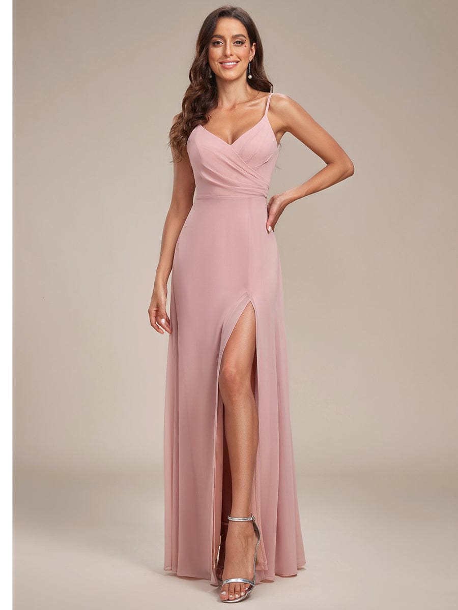 Pleated V-Neck Spaghetti Strap High Slit Bridesmaid Dress #color_Dusty Rose