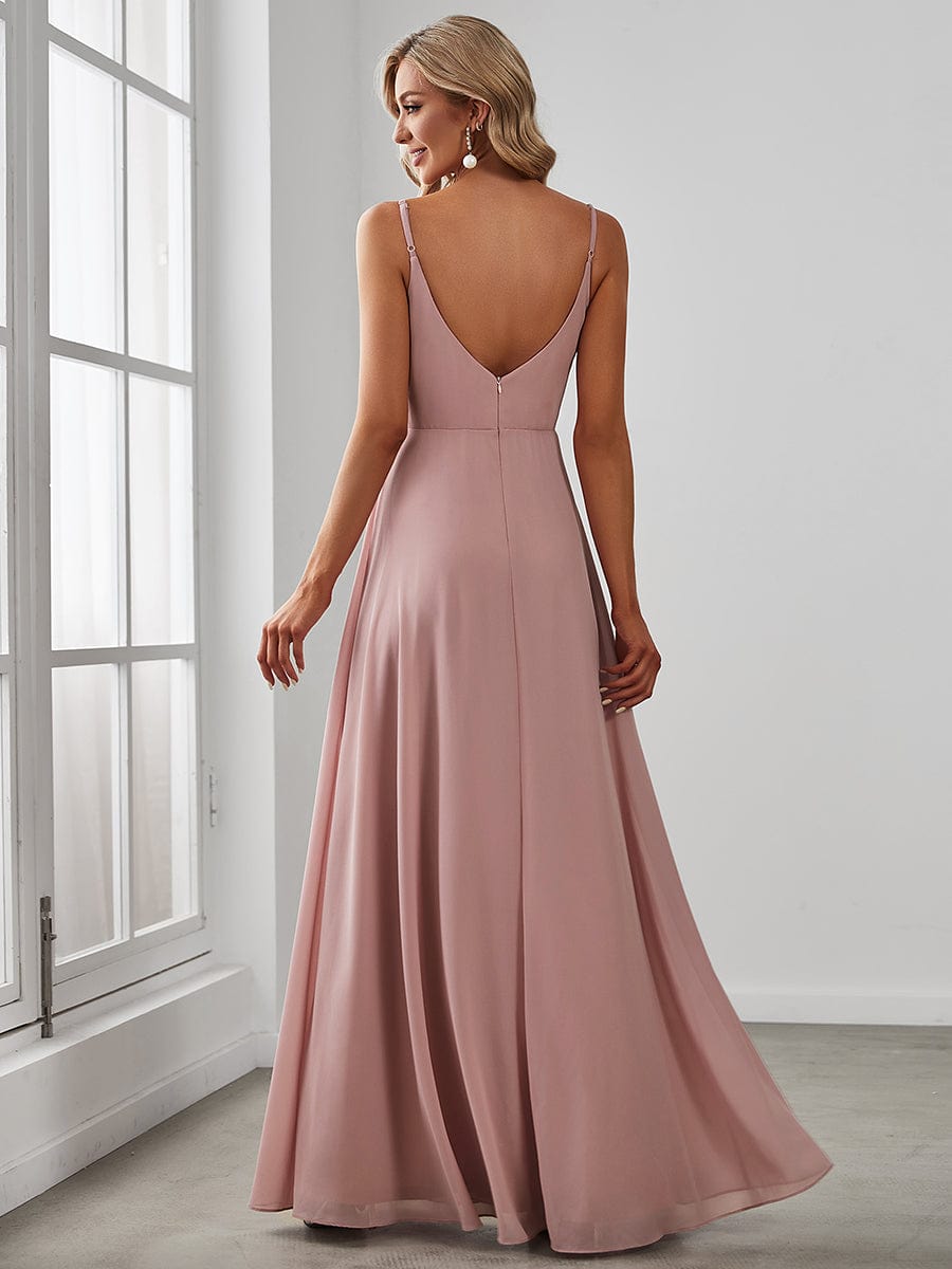 Pleated V-Neck Spaghetti Strap High Slit Bridesmaid Dress #color_Dusty Rose 