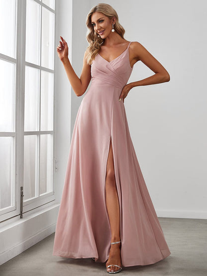 Pleated V-Neck Spaghetti Strap High Slit Bridesmaid Dress #color_Dusty Rose 