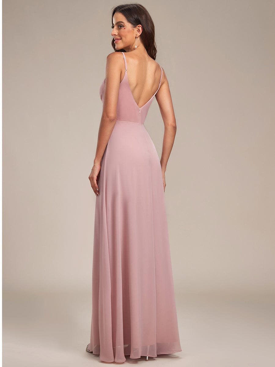 Pleated V-Neck Spaghetti Strap High Slit Bridesmaid Dress #color_Dusty Rose