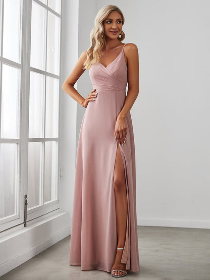 Pleated V-Neck Spaghetti Strap High Slit Bridesmaid Dress #color_Dusty Rose 