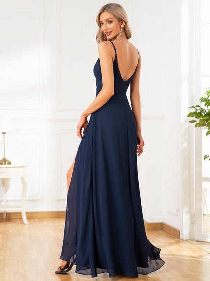 Pleated V-Neck Spaghetti Strap High Slit Bridesmaid Dress #color_Navy Blue