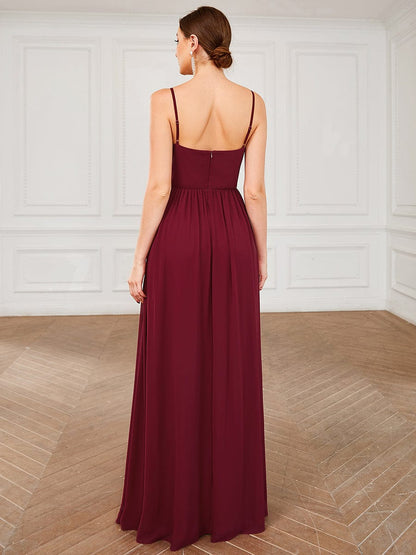 Chiffon Plunging V-Neck Spaghetti Strap Ruched A-Line Front Slit Bridesmaid Dress #color_Burgundy 