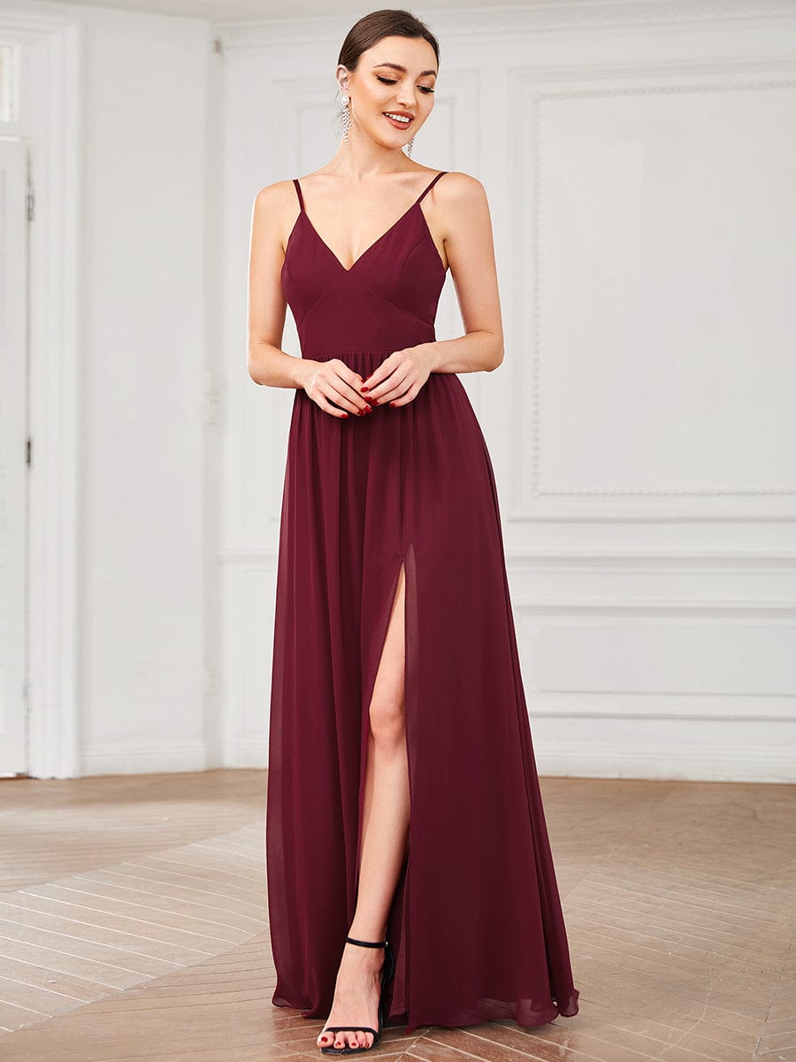 Chiffon Plunging V-Neck Spaghetti Strap Ruched A-Line Front Slit Bridesmaid Dress #color_Burgundy 