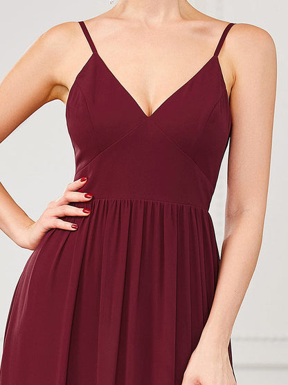 Chiffon Plunging V-Neck Spaghetti Strap Ruched A-Line Front Slit Bridesmaid Dress #color_Burgundy 