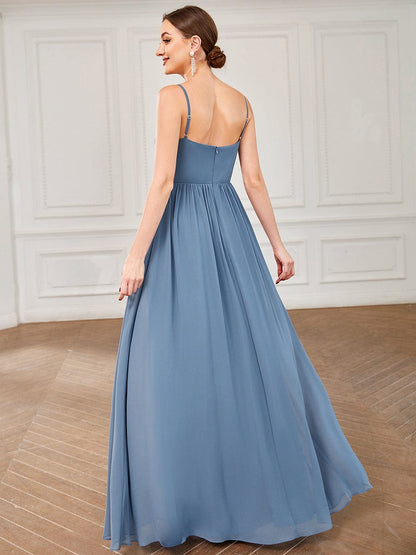 Chiffon Plunging V-Neck Spaghetti Strap Ruched A-Line Front Slit Bridesmaid Dress #color_Dusty Navy 