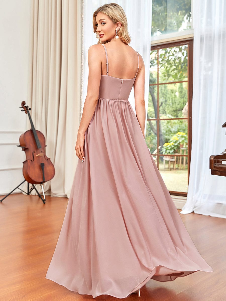 Chiffon Plunging V-Neck Spaghetti Strap Ruched A-Line Front Slit Bridesmaid Dress #color_Dusty Rose 