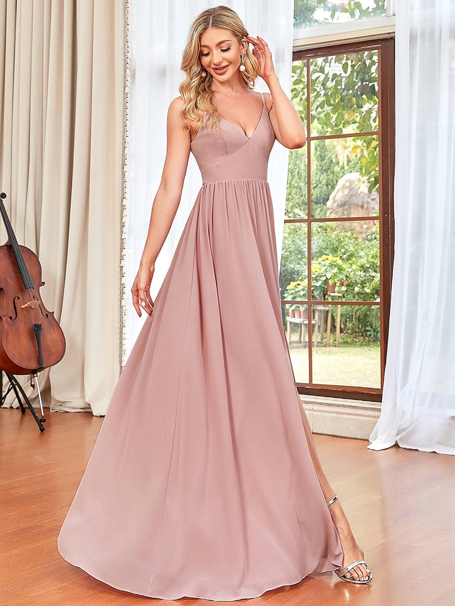 Chiffon Plunging V-Neck Spaghetti Strap Ruched A-Line Front Slit Bridesmaid Dress #color_Dusty Rose 