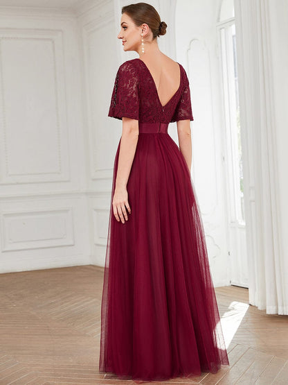 Short Sleeve Backless Ribbon Waist A-Line Tulle Bridesmaid Dress #color_Burgundy