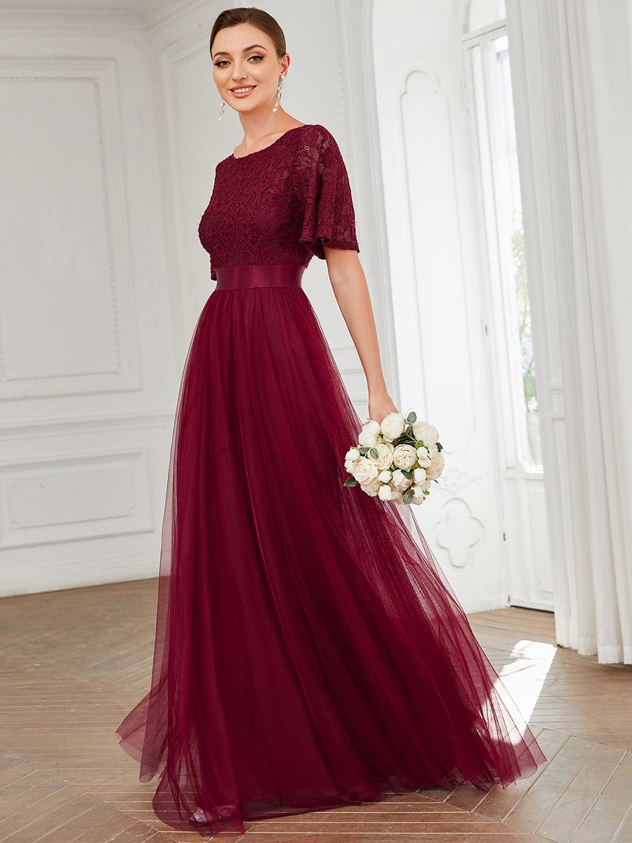 Short Sleeve Backless Ribbon Waist A-Line Tulle Bridesmaid Dress #color_Burgundy