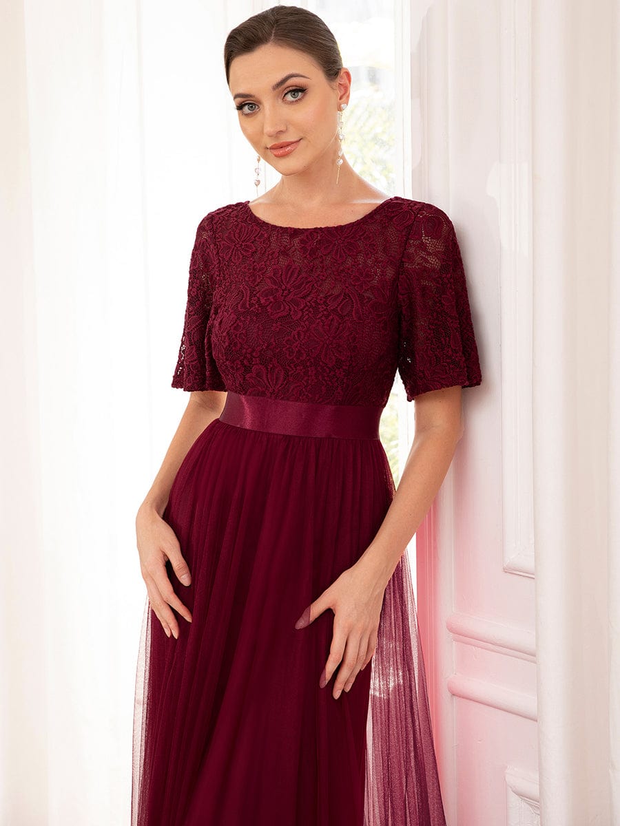 Short Sleeve Backless Ribbon Waist A-Line Tulle Bridesmaid Dress #color_Burgundy