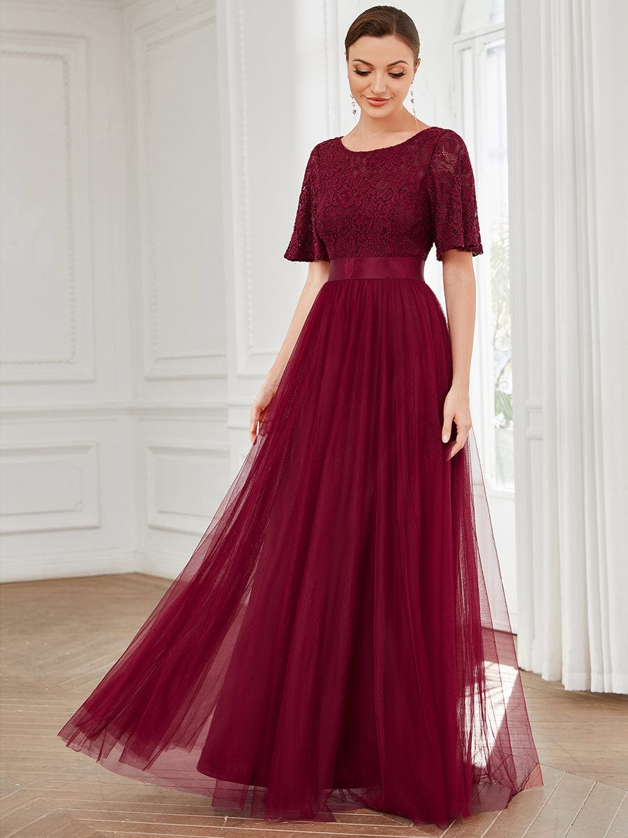 Short Sleeve Backless Ribbon Waist A-Line Tulle Bridesmaid Dress #color_Burgundy