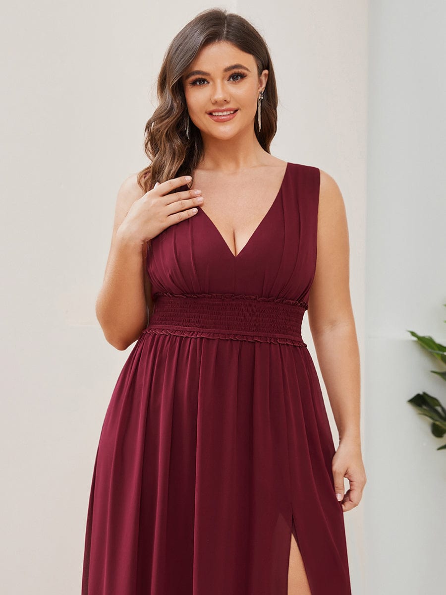 Pleated Chiffon V-Neck Sleeveless Front Slit Evening Dress #Color_Burgundy