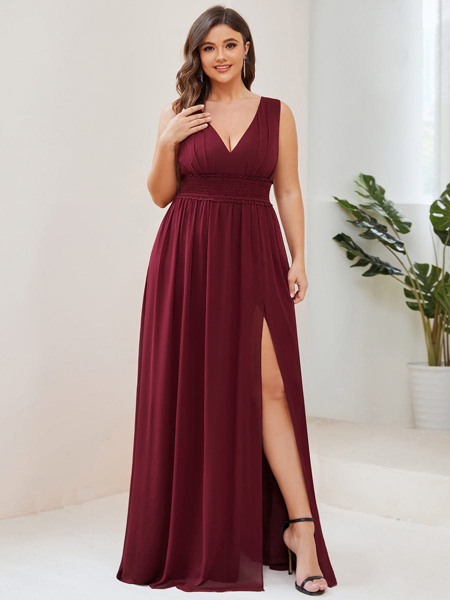 Pleated Chiffon V-Neck Sleeveless Front Slit Evening Dress #Color_Burgundy