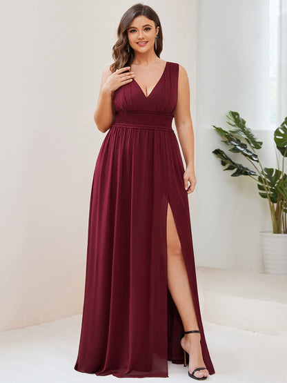 Plus Size V-Neck Sleeveless Pleated Chiffon Evening Dress #Color_Burgundy