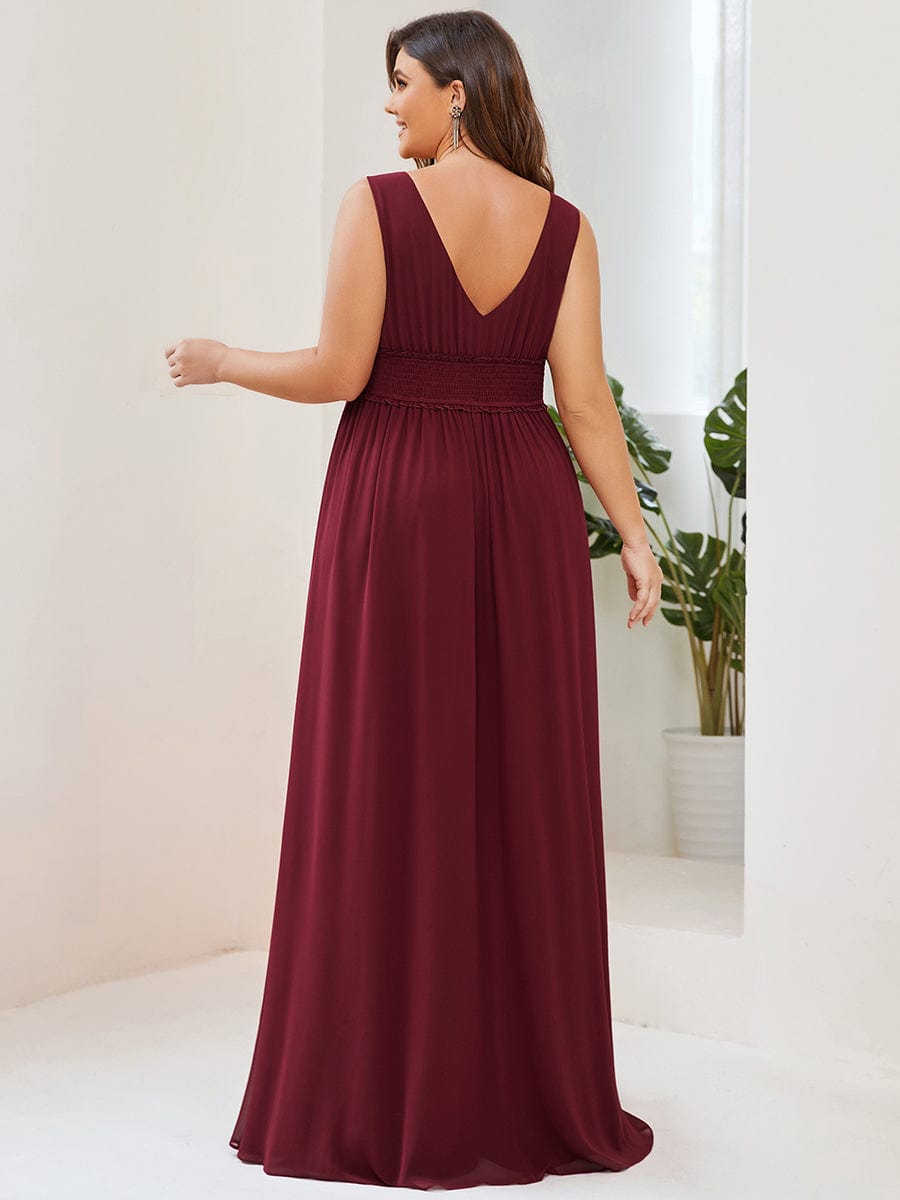 Plus Size V-Neck Sleeveless Pleated Chiffon Evening Dress #Color_Burgundy