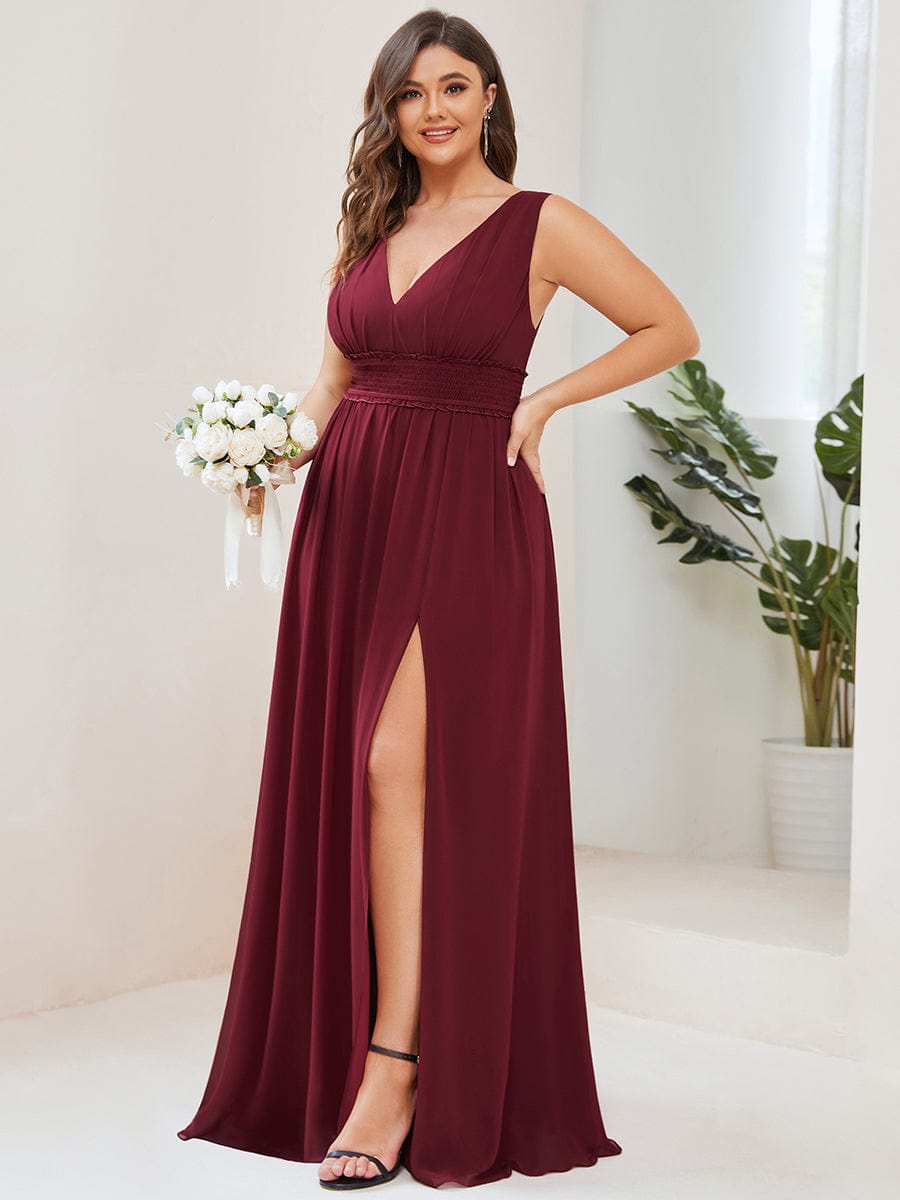 Plus Size V-Neck Sleeveless Pleated Chiffon Evening Dress #Color_Burgundy