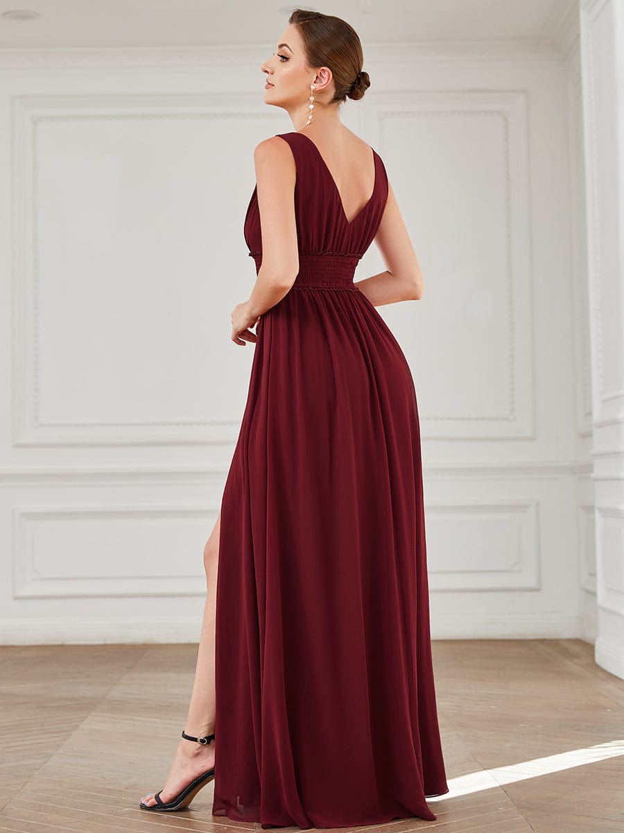 Pleated Chiffon V-Neck Sleeveless Front Slit Evening Dress #Color_Burgundy