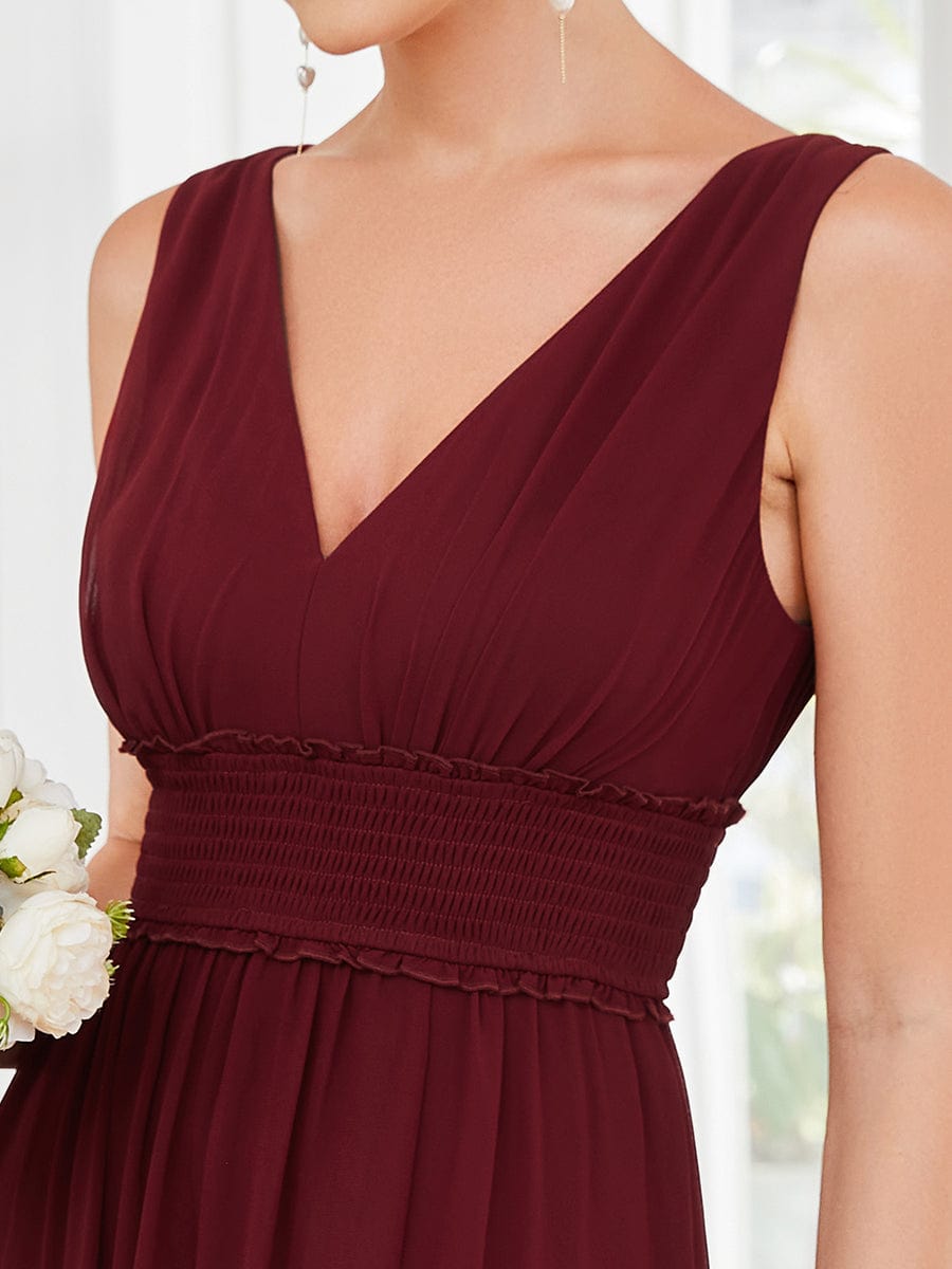 Pleated Chiffon V-Neck Sleeveless Front Slit Evening Dress #Color_Burgundy