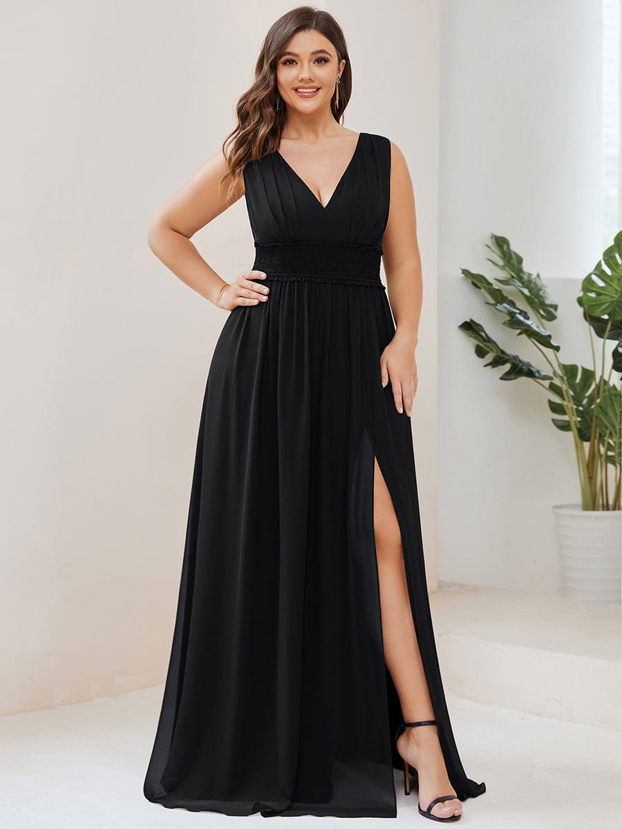 Pleated Chiffon V-Neck Sleeveless Front Slit Evening Dress #Color_Black