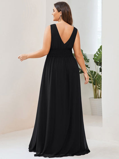 Pleated Chiffon V-Neck Sleeveless Front Slit Evening Dress #Color_Black