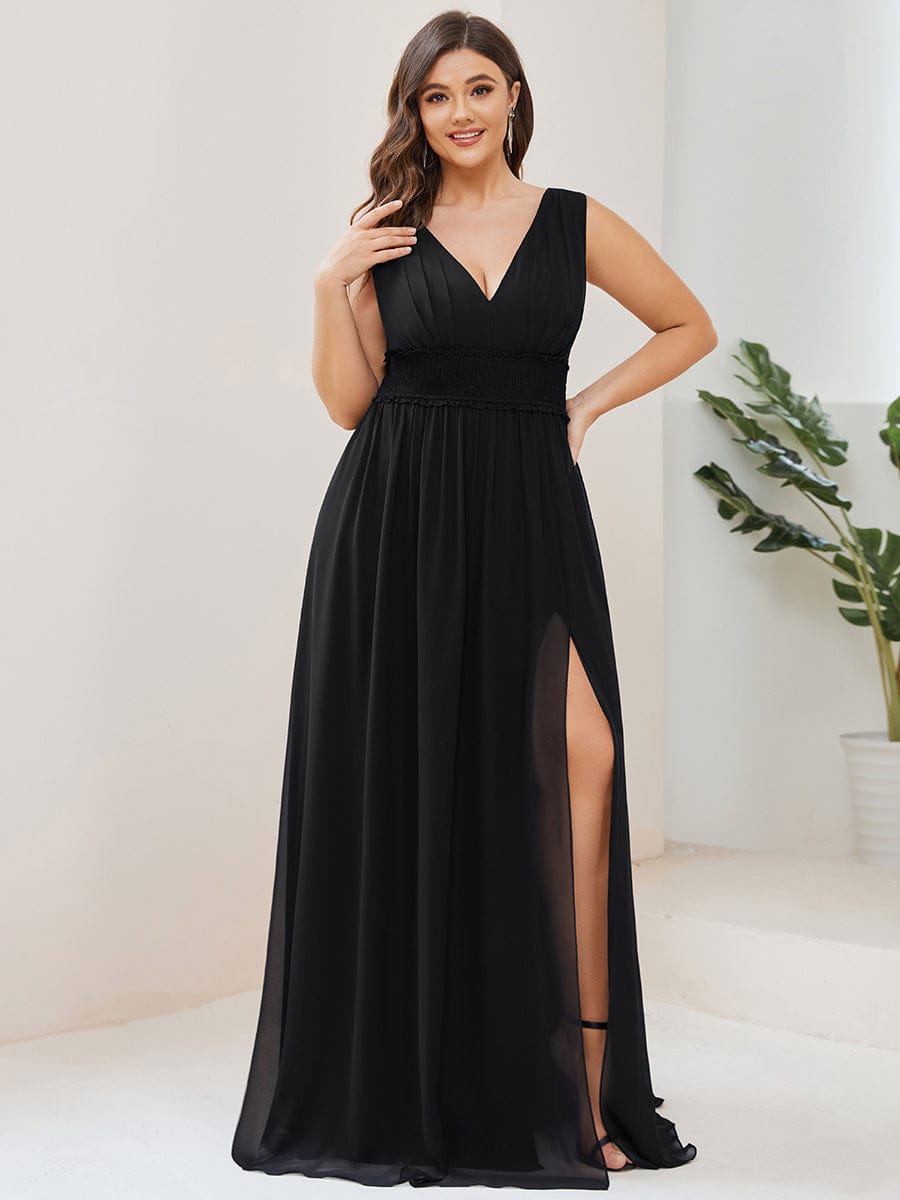 Plus Size V-Neck Sleeveless Pleated Chiffon Evening Dress #Color_Black