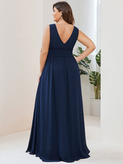 Pleated Chiffon V-Neck Sleeveless Front Slit Evening Dress #Color_Navy Blue