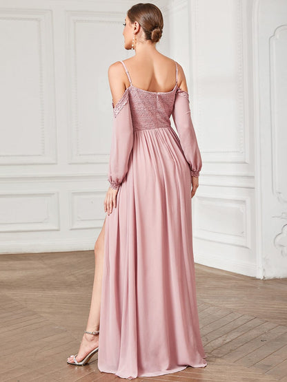 Lace Cold Shoulder Long Sleeve Chiffon Front Slit Bridesmaid Dress #Color_Dusty Rose