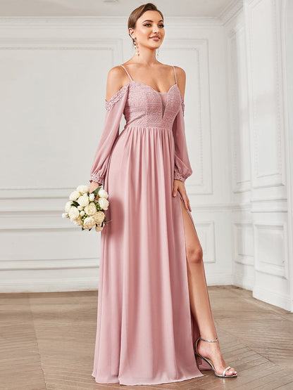 Lace Cold Shoulder Long Sleeve Chiffon Front Slit Bridesmaid Dress #Color_Dusty Rose