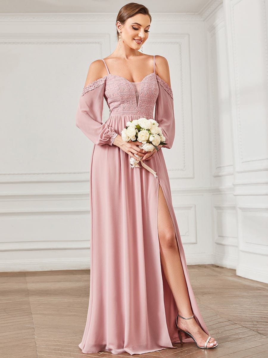 Lace Cold Shoulder Long Sleeve Chiffon Front Slit Bridesmaid Dress #Color_Dusty Rose