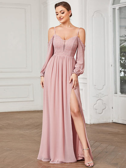 Lace Cold Shoulder Long Sleeve Chiffon Front Slit Bridesmaid Dress