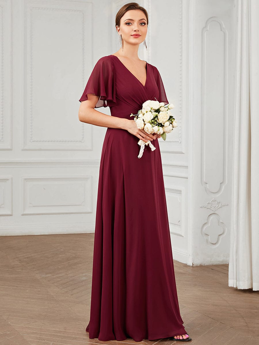 Chiffon Tie-Back Keyhole Short Sleeve A-line Bridesmaid Dress #Color_Burgundy