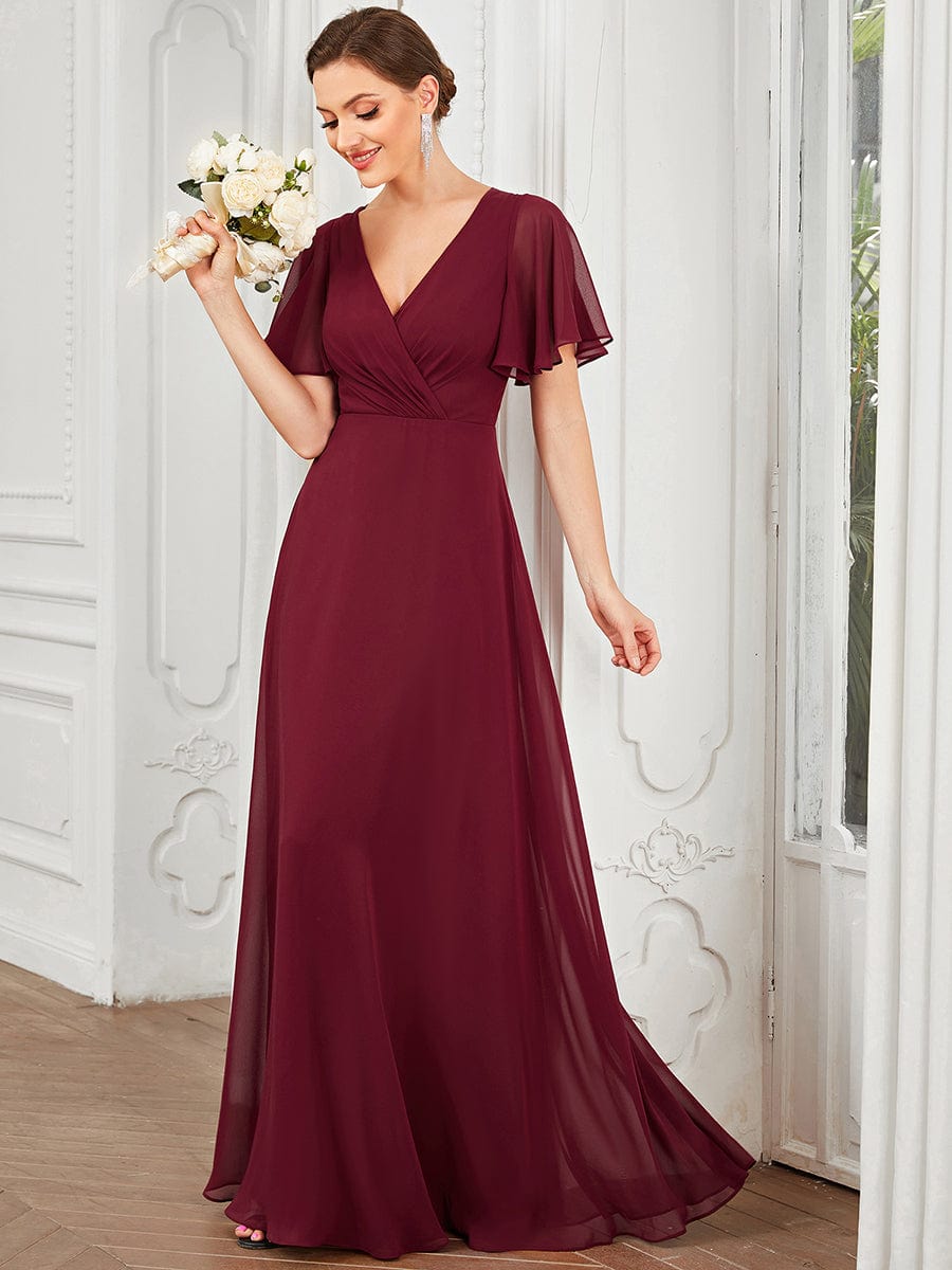 Chiffon Tie-Back Keyhole Short Sleeve A-line Bridesmaid Dress #Color_Burgundy