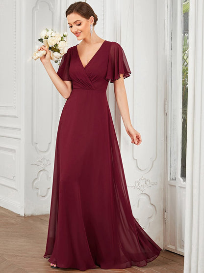 Chiffon Tie-Back Keyhole Short Sleeve A-line Bridesmaid Dress #Color_Burgundy