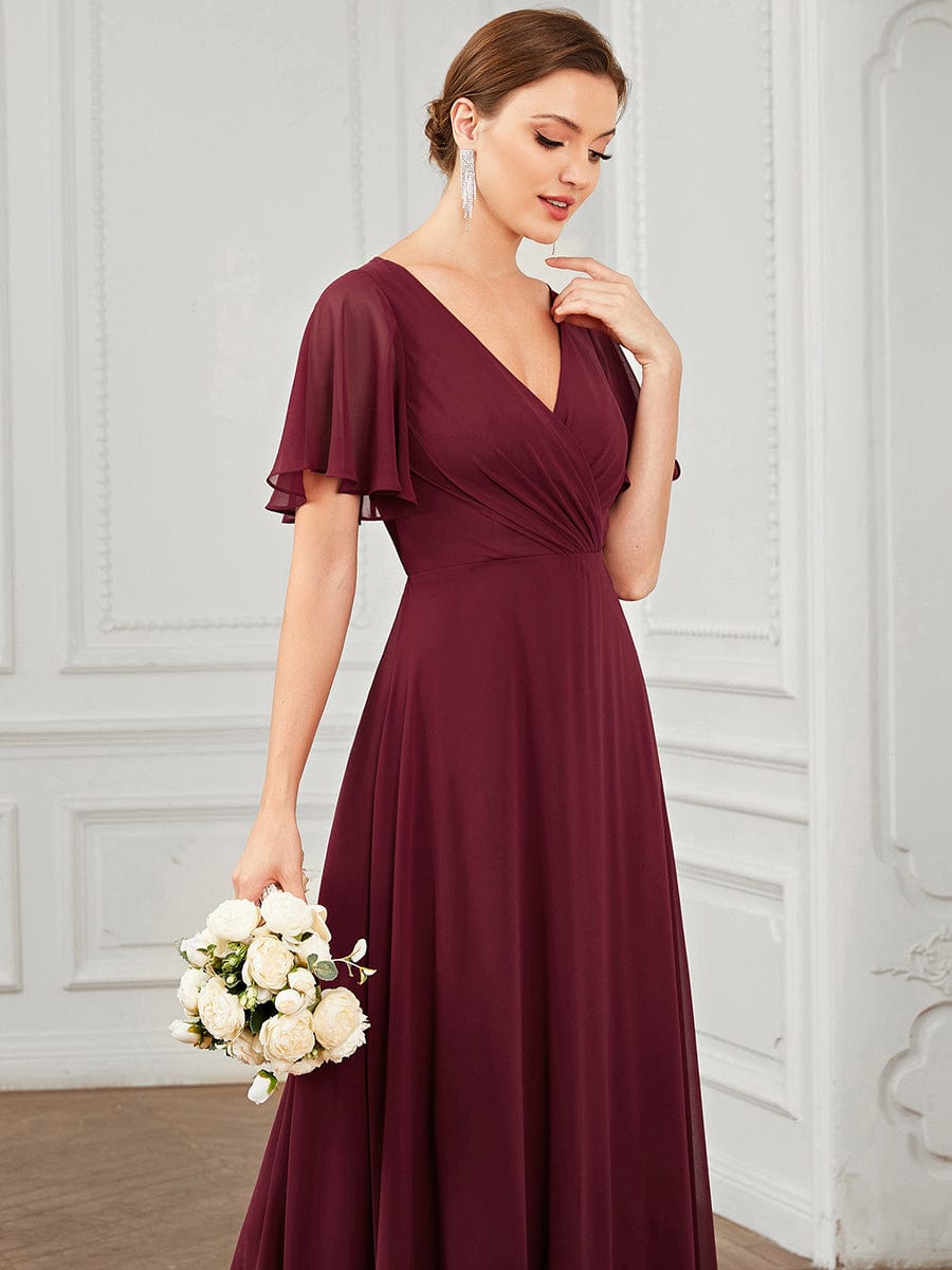 Chiffon Tie-Back Keyhole Short Sleeve A-line Bridesmaid Dress #Color_Burgundy