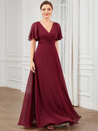 Chiffon Tie-Back Keyhole Short Sleeve A-line Bridesmaid Dress #Color_Burgundy