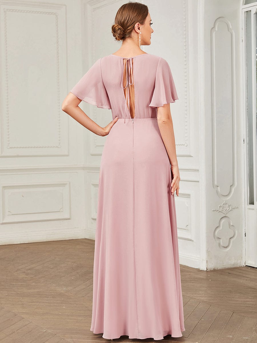 Chiffon Tie-Back Keyhole Short Sleeve A-line Bridesmaid Dress #Color_Dusty Rose