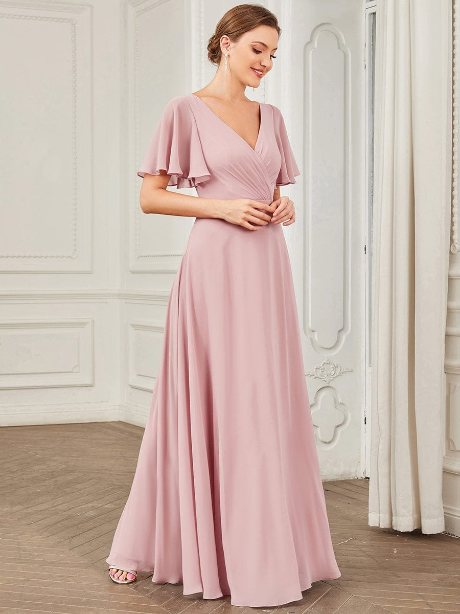 Chiffon Tie-Back Keyhole Short Sleeve A-line Bridesmaid Dress #Color_Dusty Rose