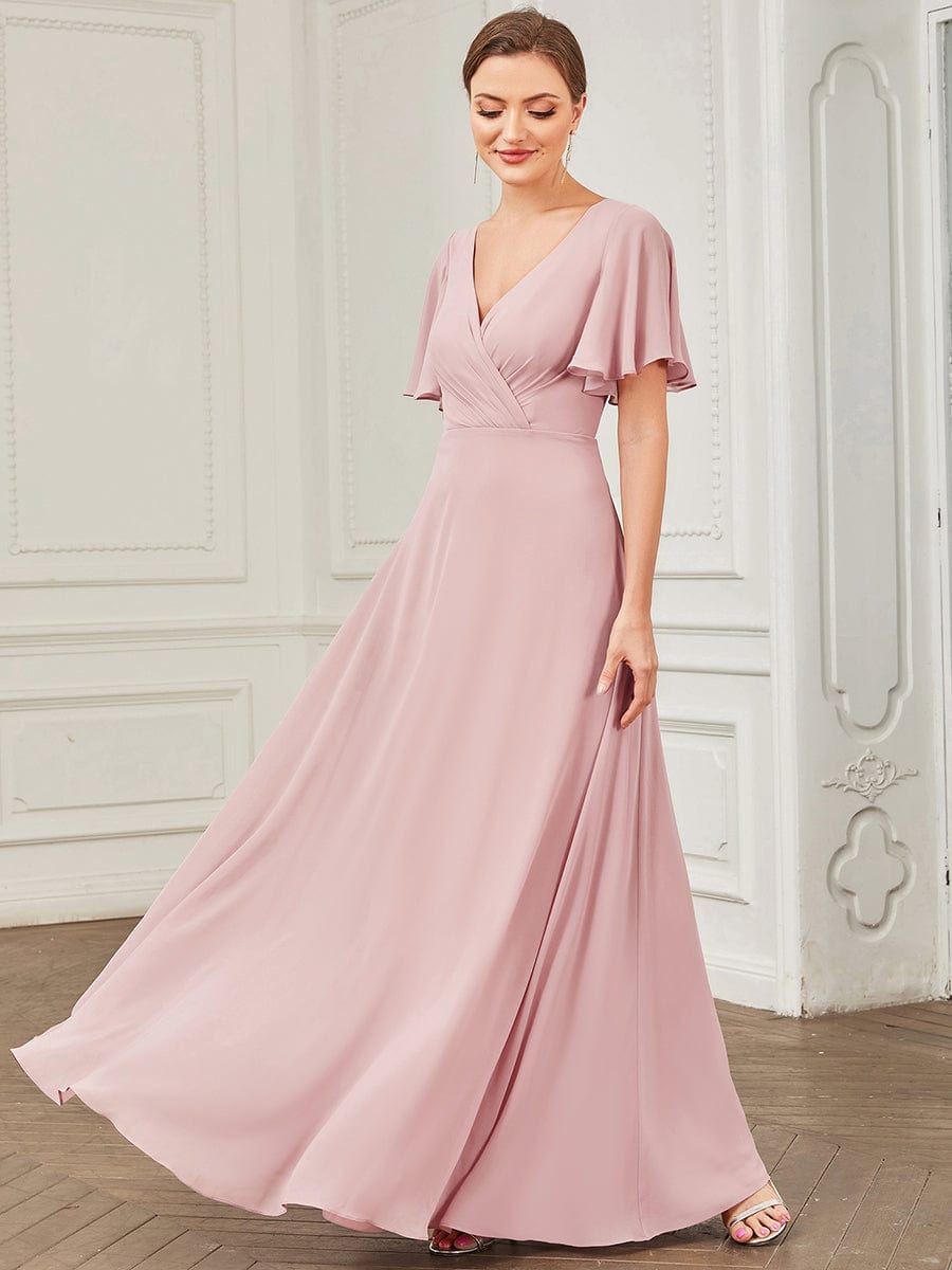 Chiffon Tie-Back Keyhole Short Sleeve A-line Bridesmaid Dress #Color_Dusty Rose