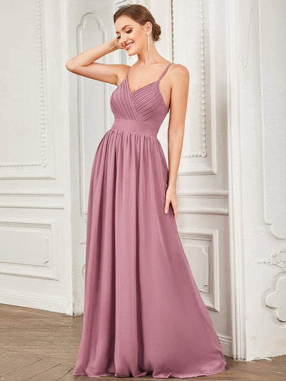 Chiffon Spaghetti Strap V-Neck Pleated A-Line Bridesmaid Dress #color_Purple Orchid