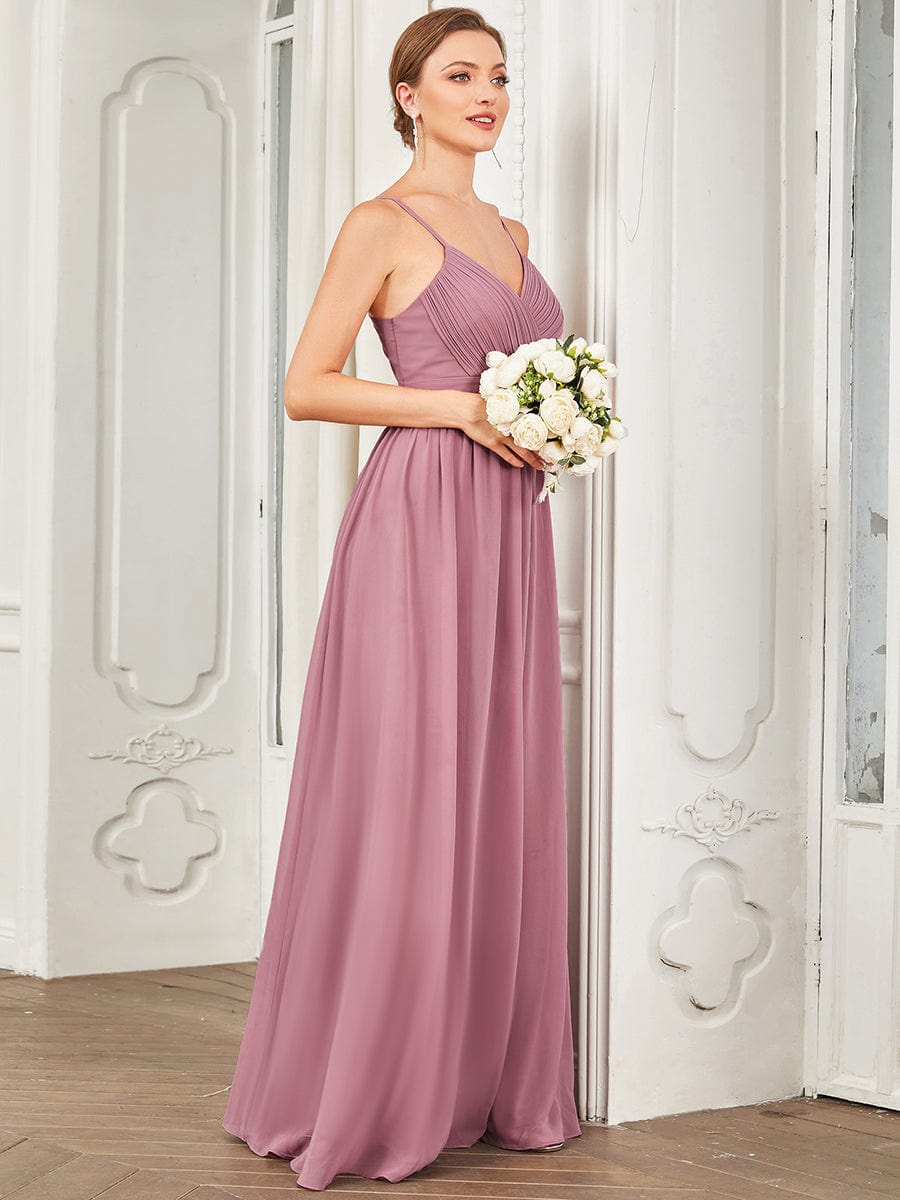 Chiffon Spaghetti Strap V-Neck Pleated A-Line Bridesmaid Dress #color_Purple Orchid