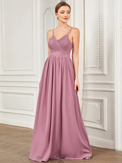 Chiffon Spaghetti Strap V-Neck Pleated A-Line Bridesmaid Dress #color_Purple Orchid