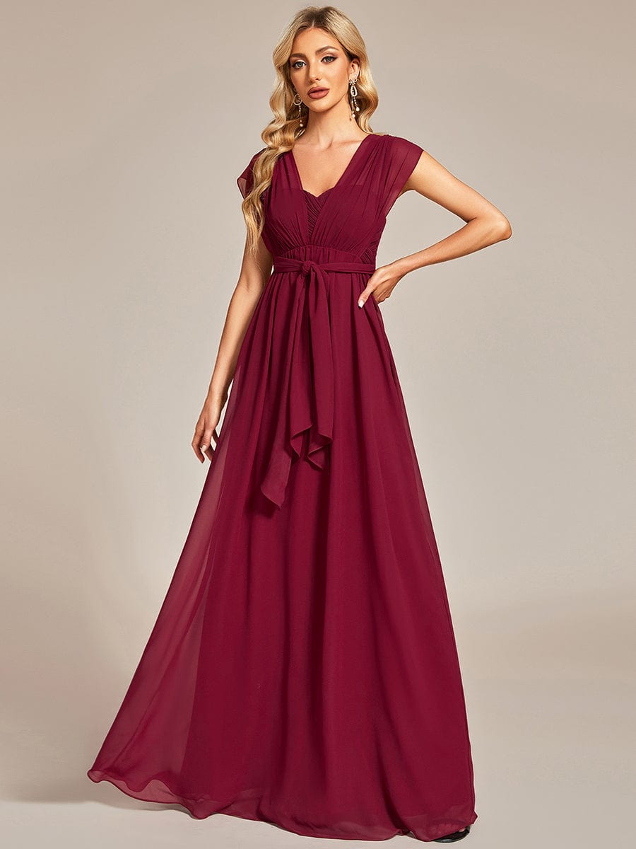 Multiway Chiffon Pleated Strapless Tie-Waist Bridesmaid Dress #color_Burgundy