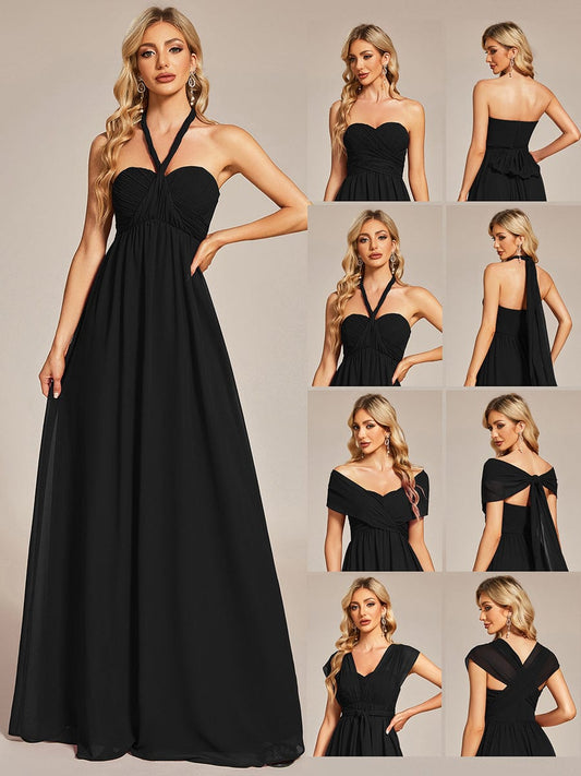 Custom Size Convertible Chiffon Pleated A-Line Bridesmaid Dress #color_Black